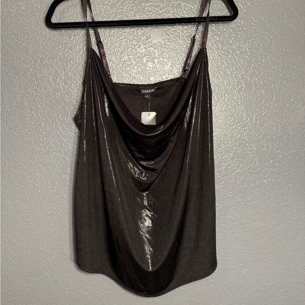 Torrid Womens Plus Size 1 1X Black Liquid Shine Spaghetti Strap Party Top Shirt